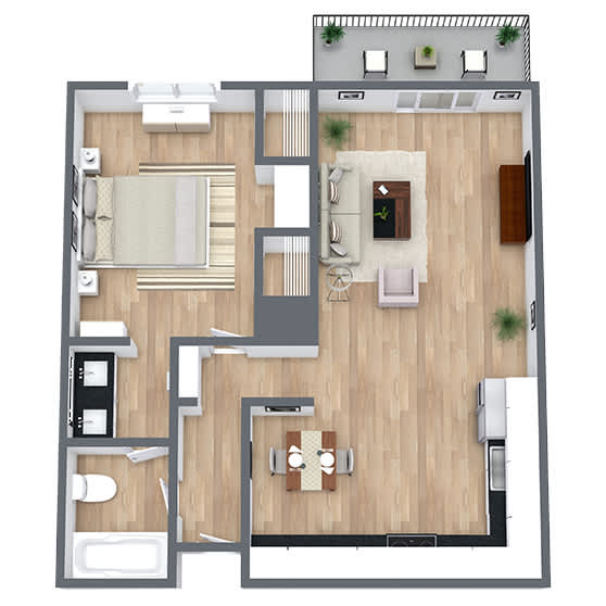 A floor plan of a house with a kitchen, living room, dining room, and bathroom.