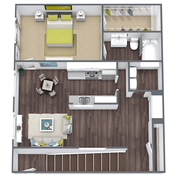 A top-down view of a room with a bed, a couch, a dining table, and a kitchen area.