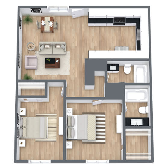A top-down view of a house layout with a living room, kitchen, and two bedrooms.