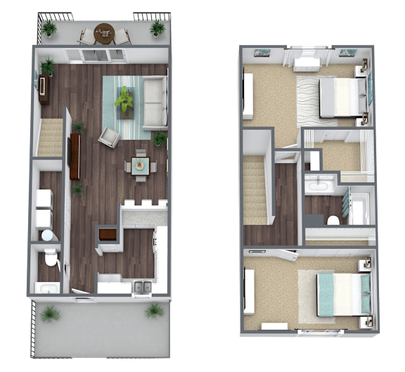 Two floor plans of a house with a living room, kitchen, and bedrooms.