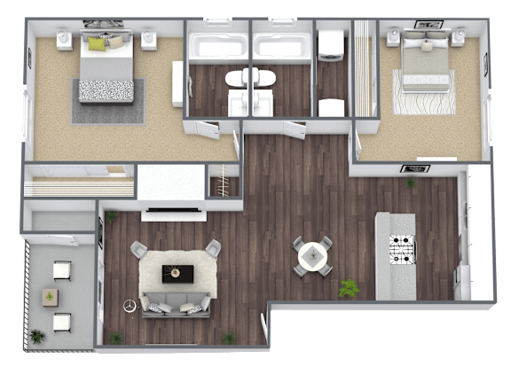 A top-down view of a house layout with a living room, dining area, kitchen, and two bedrooms.