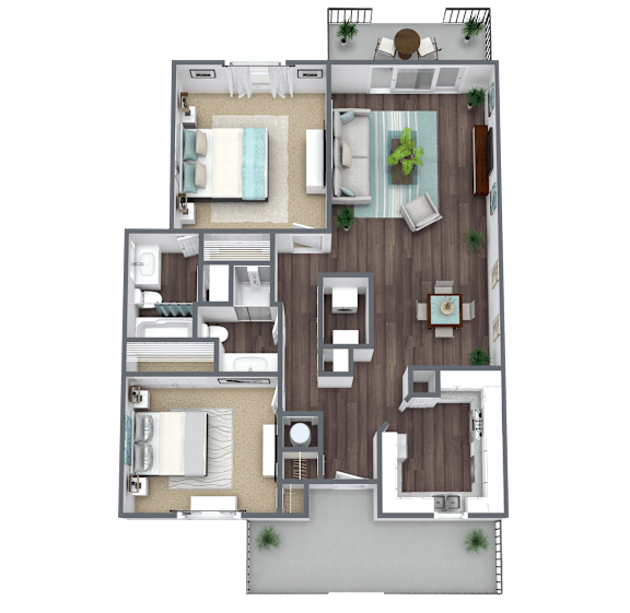 A detailed 3D floor plan of a house layout.