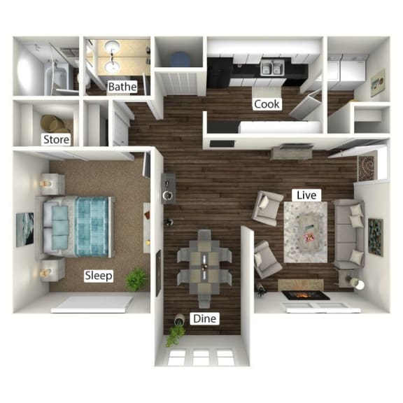 Bungalow 3D Floor Plan with Sunroom