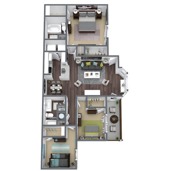 C2 Floor Plan, 3-Bed 2-Bath, 1,380 SQFT