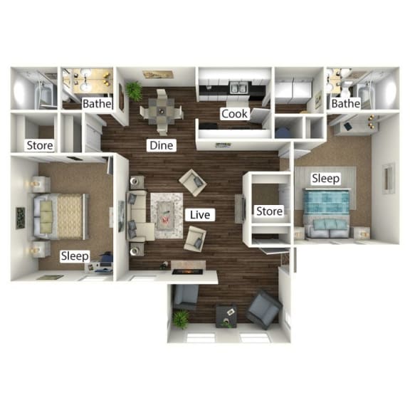 Cottage 3D Floor Plan with Sunroom