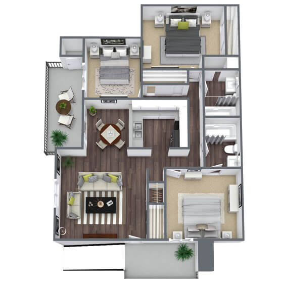 3X2 Floor Plan, 1,043 SQFT