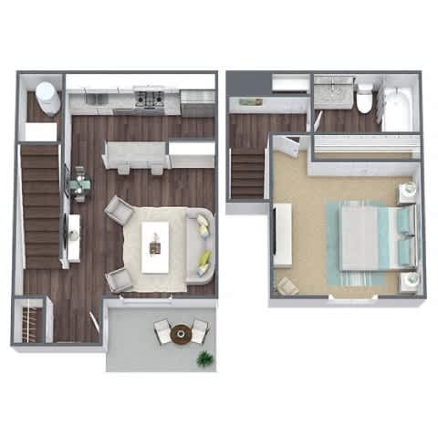 A top down view of a living room and kitchen area.