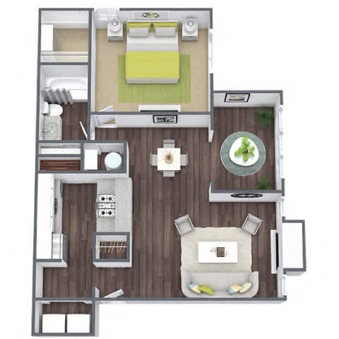 A floor plan of a house with a living room, dining room, kitchen, and two bedrooms.