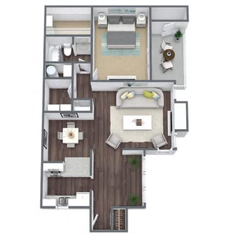 A floor plan of a house with a living room, kitchen, dining room, and two bedrooms.