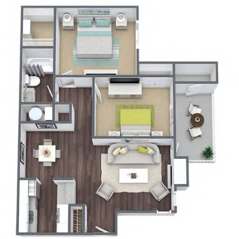 A top-down view of a house layout with a living room, kitchen, and two bedrooms.