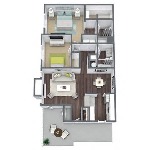 A floor plan of a house with a living room, kitchen, and two bedrooms.