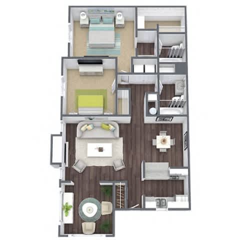 A floor plan of a house with a kitchen, living room, dining room, and bathroom.