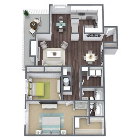 A floor plan of a house with a kitchen, living room, and two bedrooms.