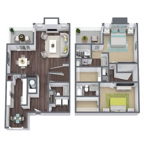A floor plan of a two-bedroom apartment with a living room, kitchen, and bathroom.