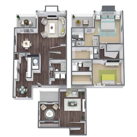 A detailed 3D floor plan of a multi-level residential property.