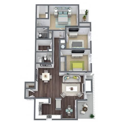 A floor plan of a two-story apartment with a living room, dining room, kitchen, and bedrooms.