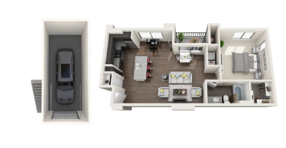 A2 1X1 Floor Plan with Garage, 885 SQFT