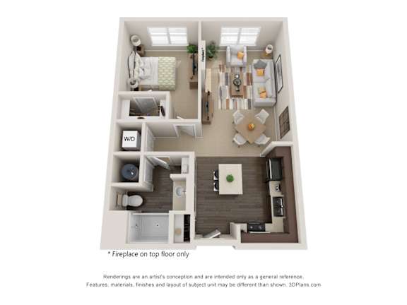 A 3D floor plan of a house with a living room, dining room, kitchen, and bathroom.