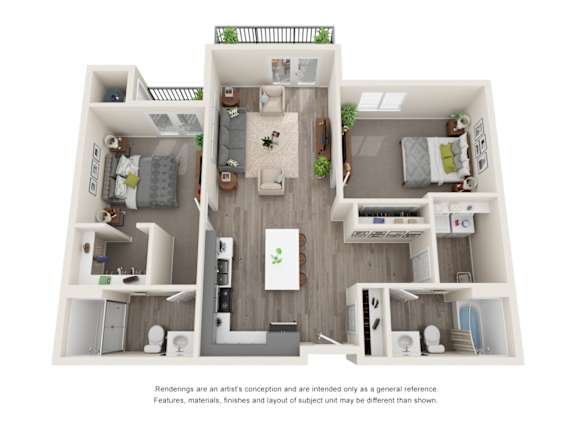 A 3D rendered image of a modern apartment layout.