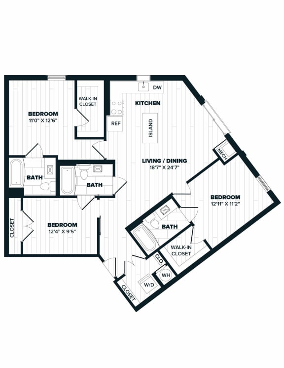 Floor Plan  E1 Floor Plan, 1,230 SQFT. floor plan of the first floor with bedroom and living room