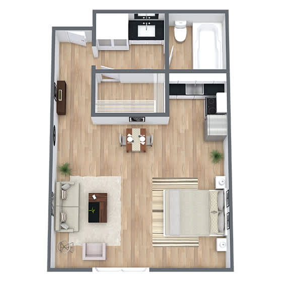 A top-down view of a modern apartment layout with a kitchen, living room, and open bedroom.