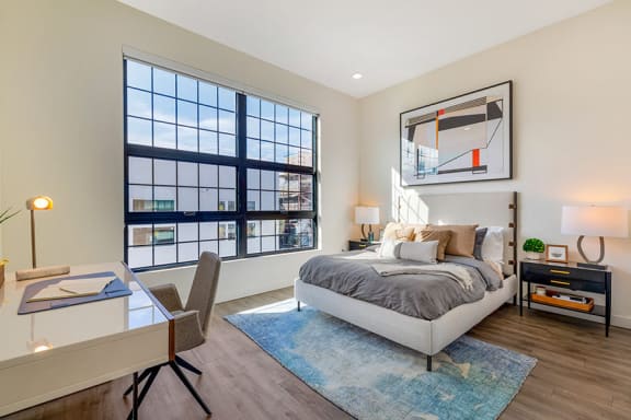 Model bedroom at The Register located in Post District Residences in downtown Salt Lake City, Utah