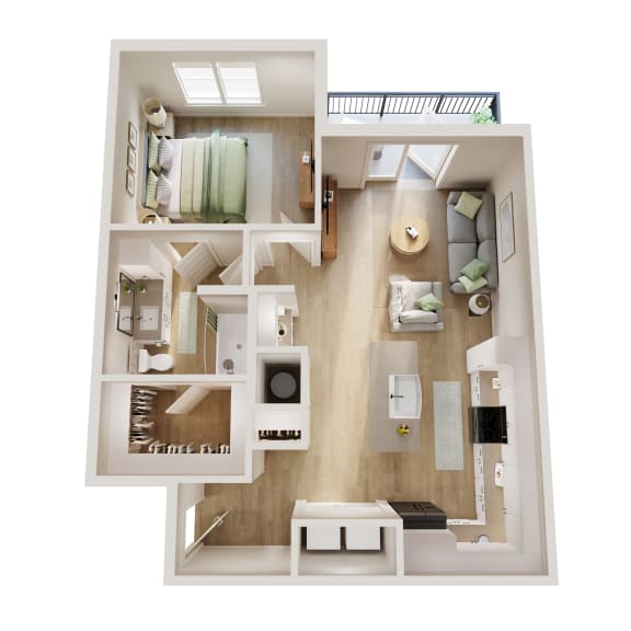 a 3d drawing of a bedroom with a bathroom and a living room