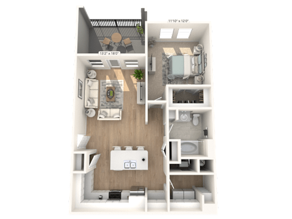 A 3D floor plan of a small apartment with a kitchen, living room, and bedroom.