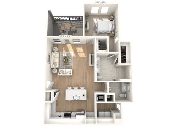 A 3D floor plan of a house with a kitchen, living room, and bedrooms.