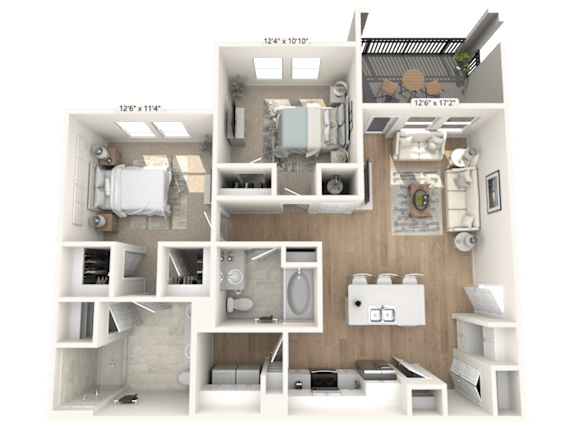 A 3D floor plan of a small apartment with a kitchen, living room, and bathroom.