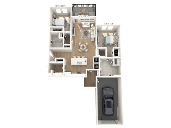A 3D floor plan of a house with a garage.