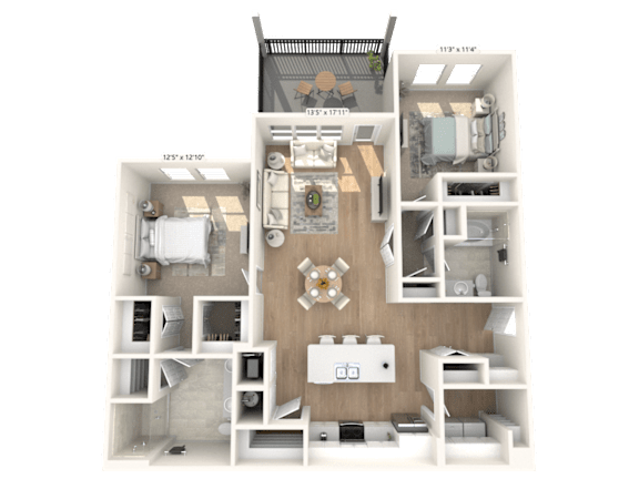 A 3D floor plan of a small apartment with a kitchen, living room, and bedroom.