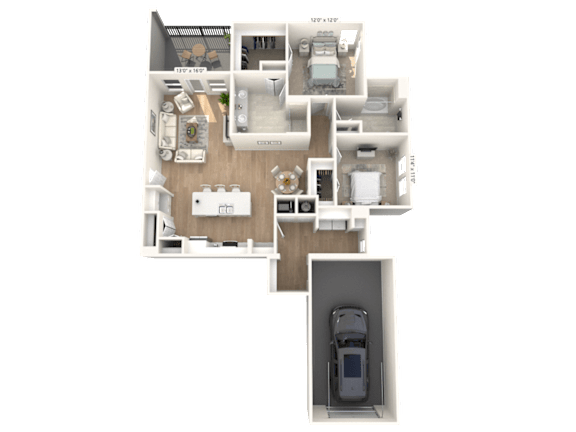 A 3D rendered image of a house layout with a garage.