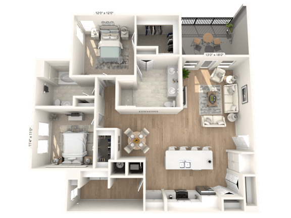 A 3D floor plan of a house with a kitchen, living room, and bathrooms.