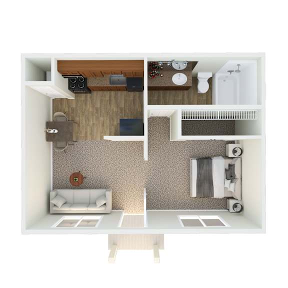 A top down view of a small apartment with a living room, kitchen, and bathroom.