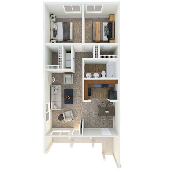 A 3D floor plan of a small apartment with a kitchen, living room, and bathroom.