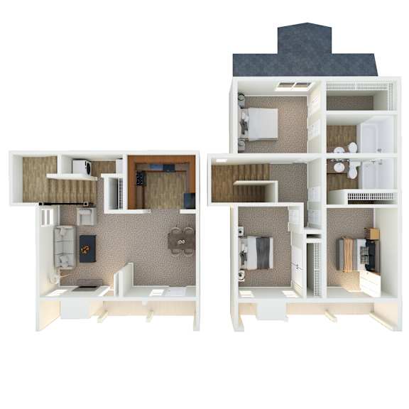 A 3D floor plan of a house showing the layout of the rooms.