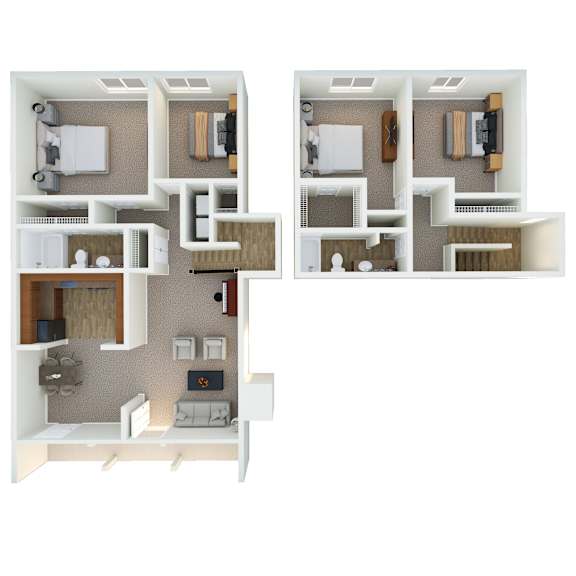 A diagram of a house with two rooms and a kitchen.