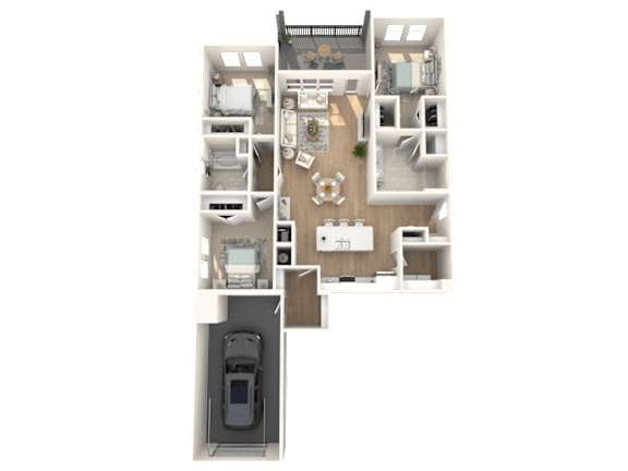 A 3D floor plan of a small apartment with a kitchen, living room, and bedroom.