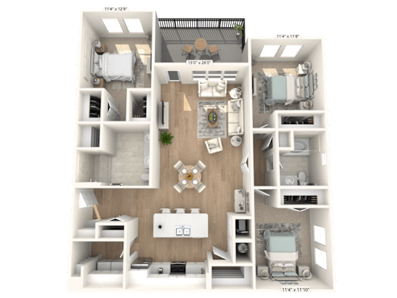 A 3D floor plan of a small apartment with a living room, kitchen, and bedrooms.