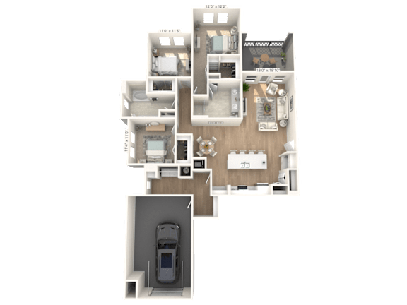 A 3D floor plan of an apartment with a garage for a car.