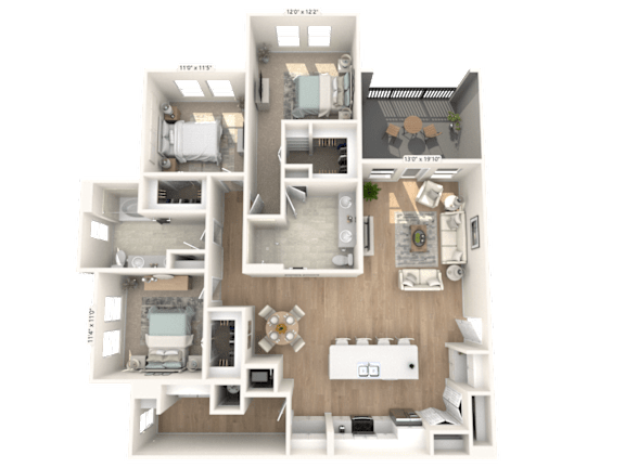 A 3D floor plan of a house with labeled rooms.