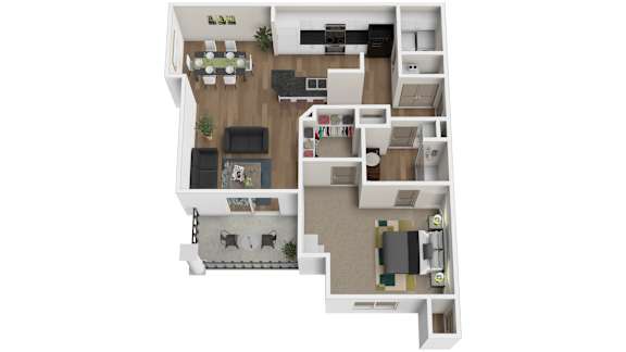 A floor plan of a house with a kitchen, living room, and two bedrooms at Arbours at Lake Charles, Lake Charles