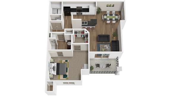 Floor Plan  A floor plan of a house with a kitchen, living room, dining room, and two bedrooms at Arbours at Lake Charles, Louisiana