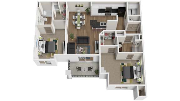 A 3D floor plan of a house with a living room, kitchen, dining room, and bedrooms at Arbours at Lake Charles, Lake Charles, LA, 70605