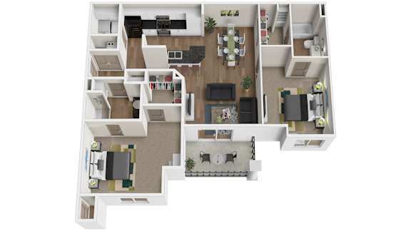 Floor Plan  A floor plan of a house with a living room, kitchen, dining room, and multiple bedrooms at Arbours at Lake Charles, Lake Charles, Louisiana, 70605