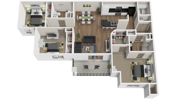 Floor Plan  A 3D floor plan of a house with multiple rooms and furniture at Arbours at Lake Charles, Lake Charles, LA