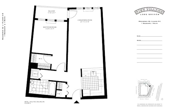 1 Bed B1A 332 Floor Plan at Pier Village Apartments, Long Branch, New Jersey