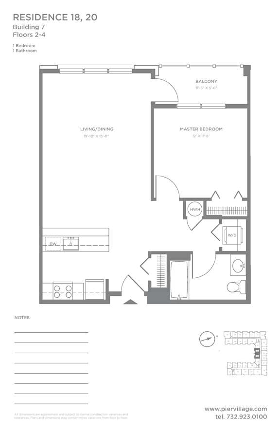1 Bedroom Floor Plan at Pier Village Apartments, New Jersey, 07740