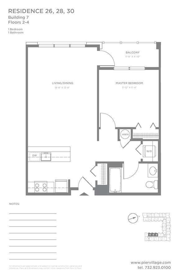 1 Bed 1 Bath Floor Plan at Pier Village Apartments, Long Branch, NJ